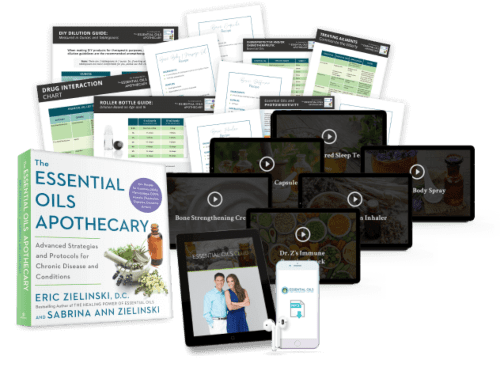 Collection of essential oils educational materials, including guides, books, and recipes, possibly from a wellness program or course by dr. eric zielinski and sabrina ann zielinski.