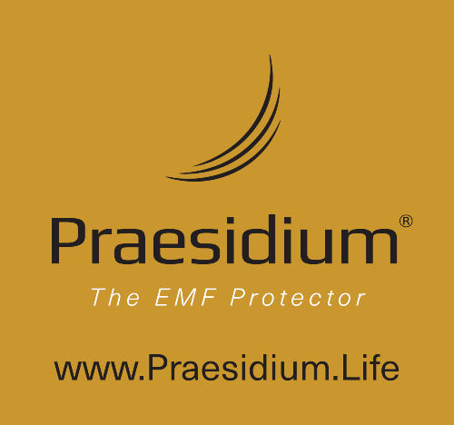 Brand logo for praesidium, the emf protector, with a stylized swoosh above the company name on a mustard background.