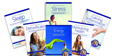 A collection of health-themed books focusing on stress, sleep, detoxification, energy, calming inflammation, and maintaining health.