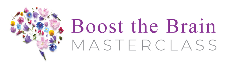 A colorful assortment of flowers and leaves artistically arranged in the shape of a brain alongside the text 'boost the brain masterclass', suggesting an educational course focused on enhancing mental function.