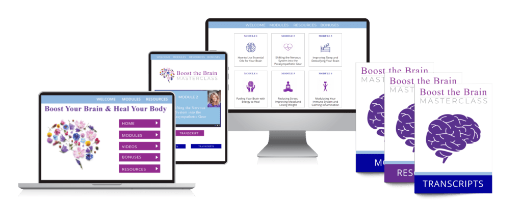 A collection of digital learning materials titled "boost the brain masterclass," featuring an online course displayed across multiple devices including a desktop computer, a laptop, a tablet, and e-books, all adorned with cohesive branding and a brain graphic.