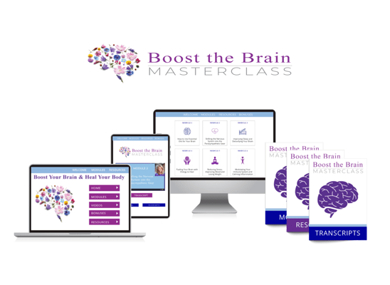 A digital product bundle for the "boost the brain masterclass" featuring a desktop computer, tablet, and smartphone displaying the course interface, alongside physical books or binders with labeled content sections and transcripts.