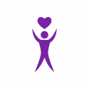 A purple, stylized icon of a person with arms raised, holding a heart shape above their head, representing love, care, or support.