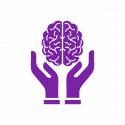 Iconic purple human care symbol with a head formed by two halves and outstretched hands at the bottom, representing support, protection, or mental health awareness.