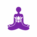 A simplistic purple icon of a person in a meditative pose with a decorative pattern representing a chakra or energy center at the center of the silhouette.
